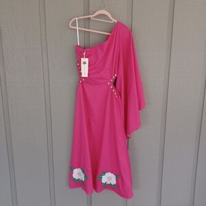 Fanm Mon Amarya Cut Out Midi Dress Size L Women One Shoulder Floral Embroidered